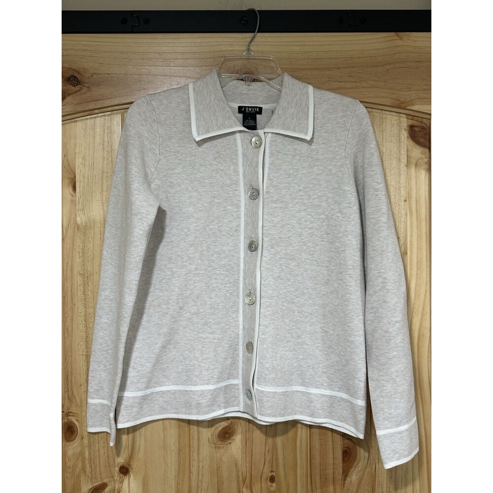 J Envie New York Button Down Cardigan Heather Grey Contrasting Collar S NWOT